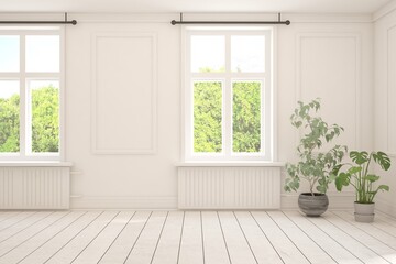 White empty room with summer landscape in window. Scandinavian interior design. 3D illustration