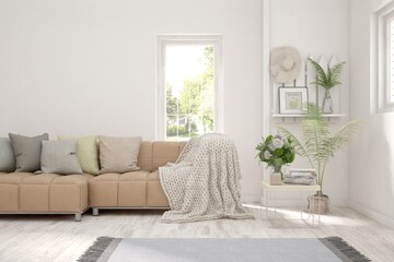 White living room with sofa. Scandinavian interior design. 3D illustration