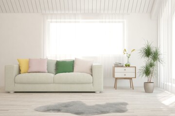 White living room with sofa. Scandinavian interior design. 3D illustration