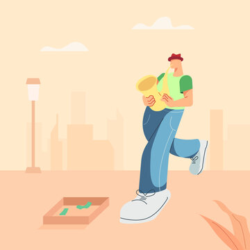 A man playing saxophone. a busker in a suburb. a street performer playing instrumental in the middle of the city. can be used for the landing page. vector flat illustration 
