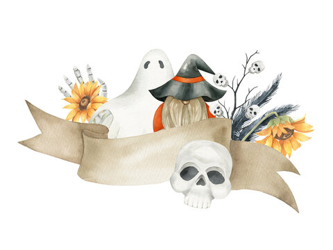 Watercolor halloween banner. Hand painted background with gnome, scull,  feathers, sunflower. Holiday frame