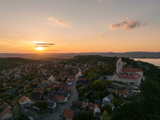 Aerial view of Tihany village overlooking Lake Balaton in Hungary - Sunset