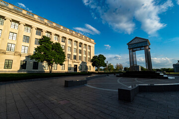 The side of the state Capitol building of New Jersey and the Fountain that was not in operation 