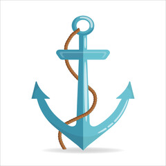 Nautical anchor with a rope. Icon isolated on white background. Flat design. Vector illustration. - obrazy, fototapety, plakaty