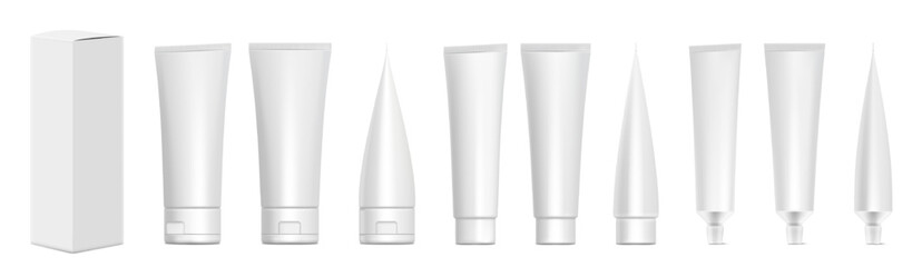 Realistic tubes with box. White plastic tubes for toothpaste, cream, gel and shampoo. Blank packaging front and side view vector mock up. Template for medicine or cosmetics set illustration