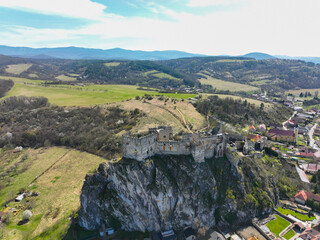 Aerial view of Beckov Castle in the village of Beckov in Slovakia