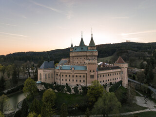 Fototapeta na wymiar Aerial view of Bojnice Castle in Slovakia - Sunset