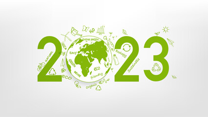 New year 2023 Eco friendly, Sustainability planning concept and World environmental with doodle icons, Vector illustration