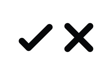 Checkmark icons set. Tick and cross sign. Black check mark and black X cross icon isolated on white background. Simple marks graphic flat design. Circle shape YES and NO button. Vector illustration.