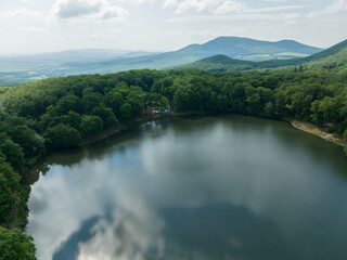 Aerial view of Lake Izra in the locality of Slanska Huta in Slovakia
