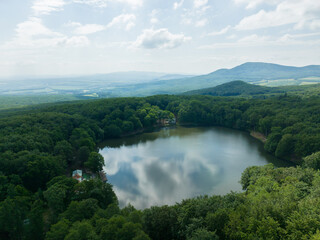 Aerial view of Lake Izra in the locality of Slanska Huta in Slovakia