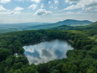 Aerial view of Lake Izra in the locality of Slanska Huta in Slovakia