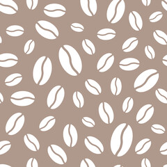 White coffee beans on soft brown background vector seamless pattern. Best for textile, cafe decor, wallpapers, wrapping paper, package and web design.