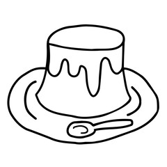 皿に載ったプリンの線画イラスト