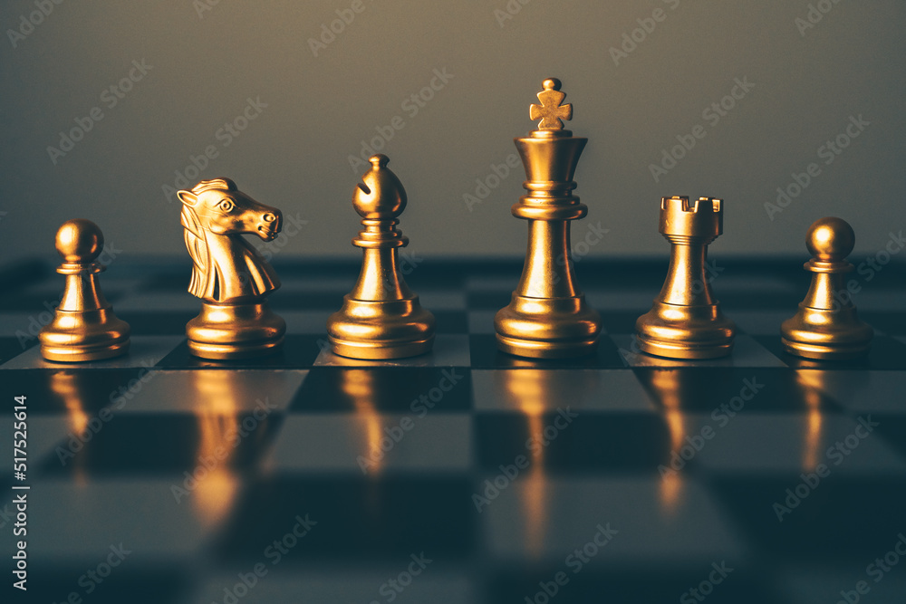 Poster closeup of chess characters on board games. to represent decision making in term of business strateg