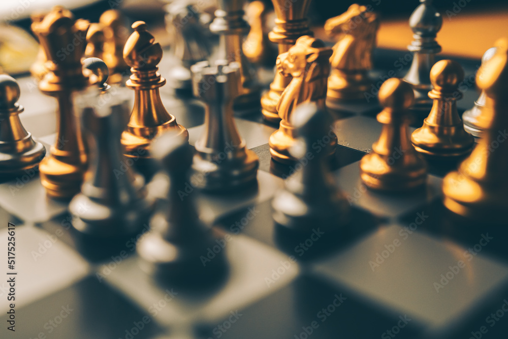 Poster closeup of chess characters on board games. to represent decision making in term of business strateg