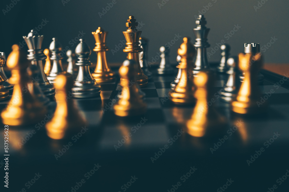 Poster closeup of chess characters on board games. to represent decision making in term of business strateg