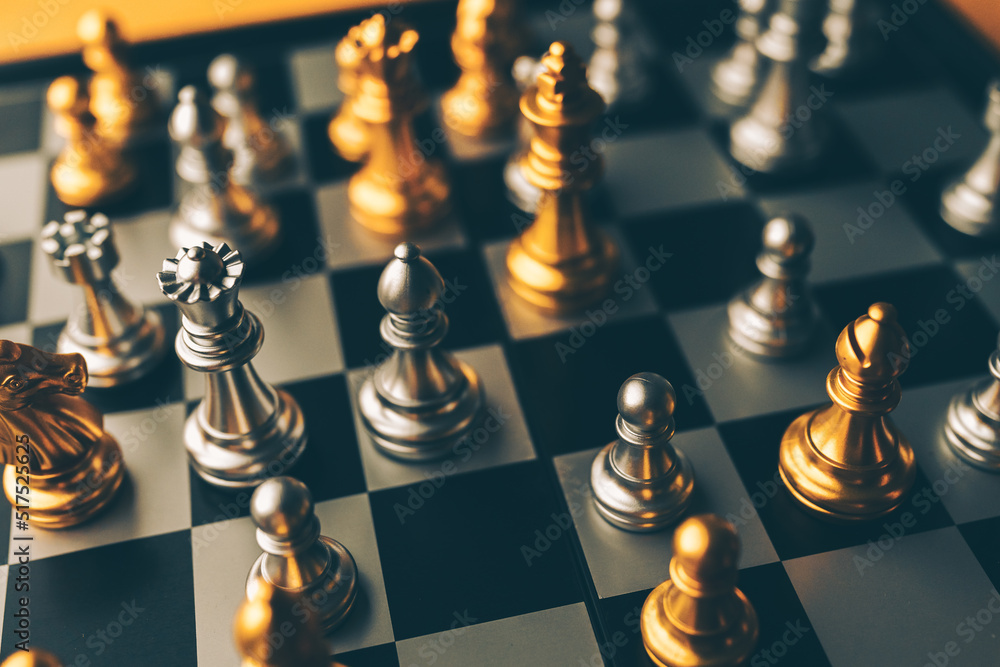 Poster closeup of chess characters on board games. to represent decision making in term of business strateg