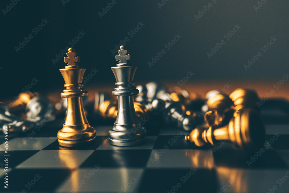 Poster closeup of chess characters on board games. to represent decision making in term of business strateg