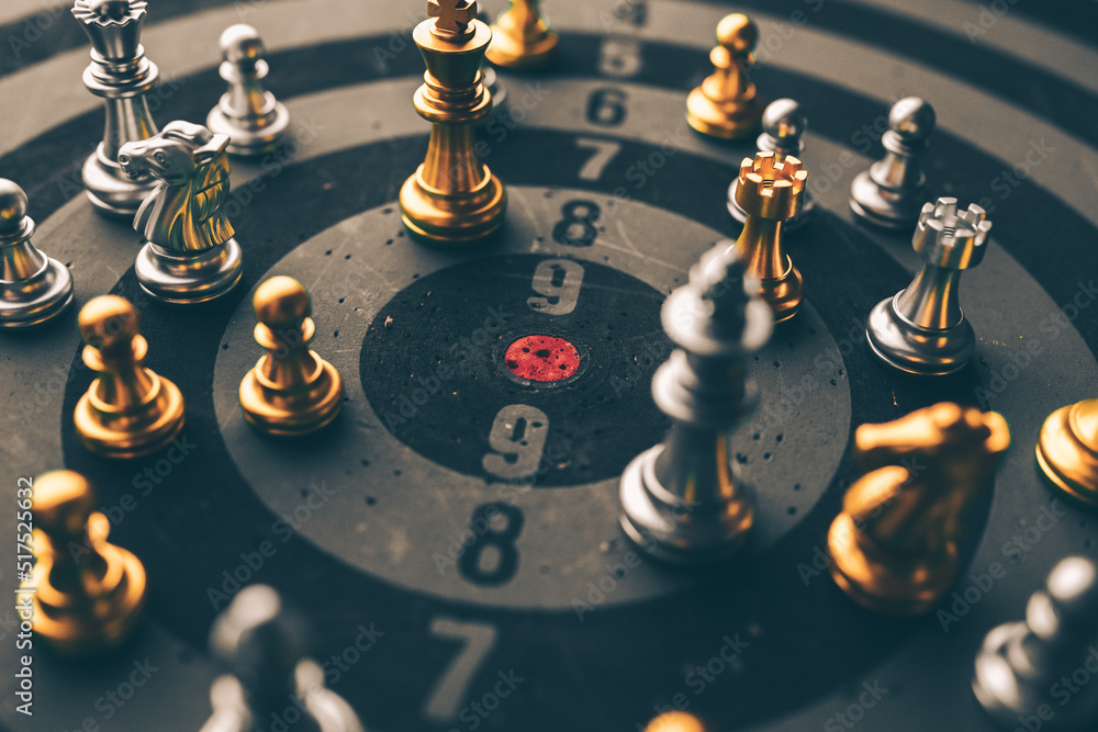 Poster closeup of chess characters on board games. to represent decision making in term of business strateg