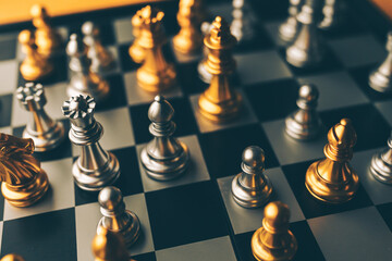 Closeup of chess characters on board games. to represent decision making in term of business...