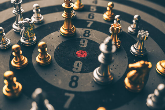 Closeup of chess characters on board games. to represent decision making in term of business strategy to find out the best solution to meet target objective and goal.	

