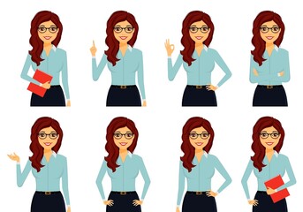 Set. Young smiling girl in the office. Portrait style. Various poses. Business and finance. Flat style on a white background. Cartoon