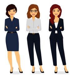 A set of three young attractive girls in business suits stands with folded hands. Business, office style. Flat style on a white background. Cartoon.