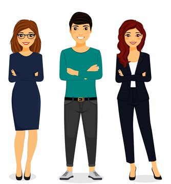 Attractive women and a young man are standing on a white background. Office. Flat style on a white background. Cartoon.