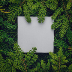 Creative christmas mock-up of spruce branches and a greeting card. Christmas background.