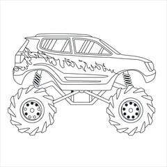 Coloring book or page of monster truck cartoon funny off road vector truck.
