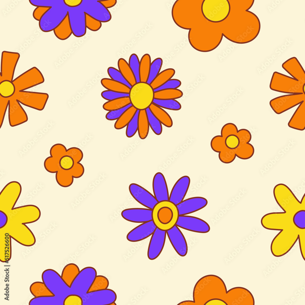 Poster retro seamless pattern of colorful hippie daisy flowers on a light background. vintage festive groov