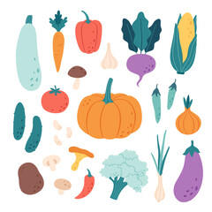 Vegetables, mushrooms, beans. Natural organic nutrition. Healthy food, dietetics products, fresh vitamin grocery products. Vector illustration in flat style