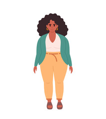 Modern young overweight black woman in casual outfit. Stylish fashionable look. Hand drawn vector illustration