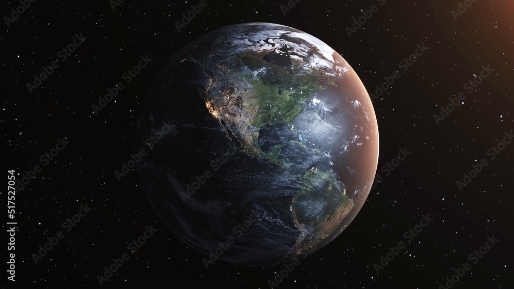Poster planet earth with realistic geography surface and orbital 3d cloud atmosphere . outer space view of 