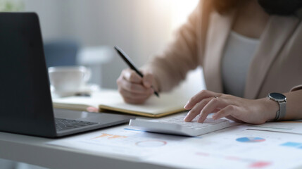 Fototapeta premium Close up Business woman using calculator and laptop for do math finance on wooden desk in office and business working background, tax, accounting, statistics and analytic research concept