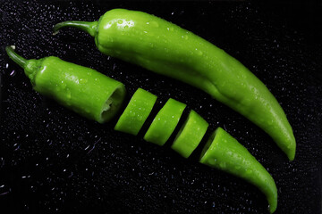 Sliced green pepper on a wet dark surface. Close-up