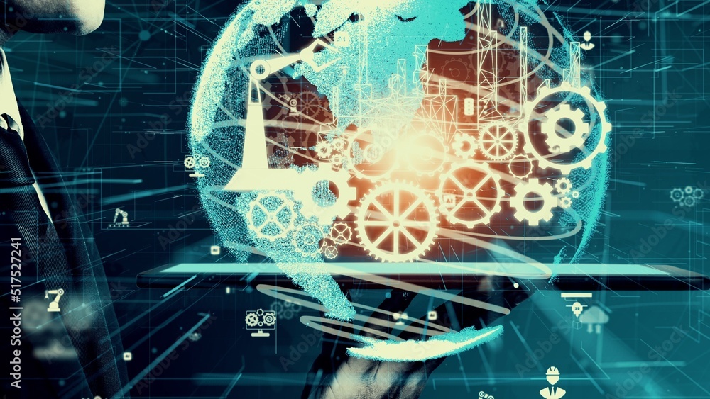 Poster futuristic industry 4.0 and inventive mechanized engineering concept with graphic user interface sho