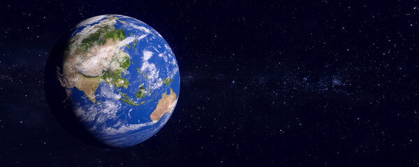 Panoramic view of the earth and galaxy. Blue planet. The World Globe from Space. Showing the continents of Asia and Australia. 3D rendering illustration. Elements of this image furnished by NASA.