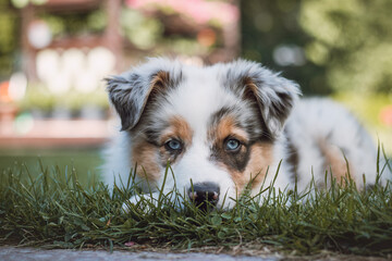 young Australian Shepherd dog rests on the grass in the garden and smiles happily. Blue eyes, brown and black spot around the eyes and otherwise white body gives the female a beautiful and cute look