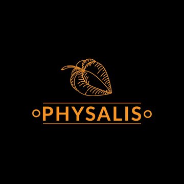 Logo emblem for exotic fruit market, a business for grocery stores. Physalis flower on black background. Silhouette. Berries. Physalis. Phisalis lace. Hand-drawn doodles in a sketch.