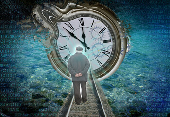 old man walks along rails into distance, clock counts down passing time, concept of road of life, time has passed, old age and dying of person, surreal, death and transition to another world