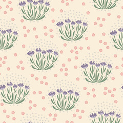 Seamless pattern of a little flowers and branch with leaves. Abstract small flower patter. Vector illustration.