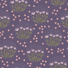 Seamless pattern of a little flowers and branch with leaves. Abstract small flower patter. Vector illustration.