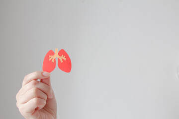 hand holding lung shape made from paper on blue background with copy space, world tuberculosis day, transplant concept.