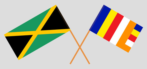 Crossed flags of Jamaica and Buddhism. Official colors. Correct proportion