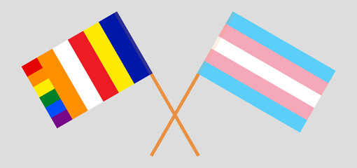Crossed flags of Buddhism and Transgender Pride. Official colors. Correct proportion