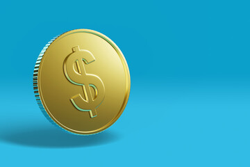 Golden coin with dollar sign with copy space. 3d illustration.