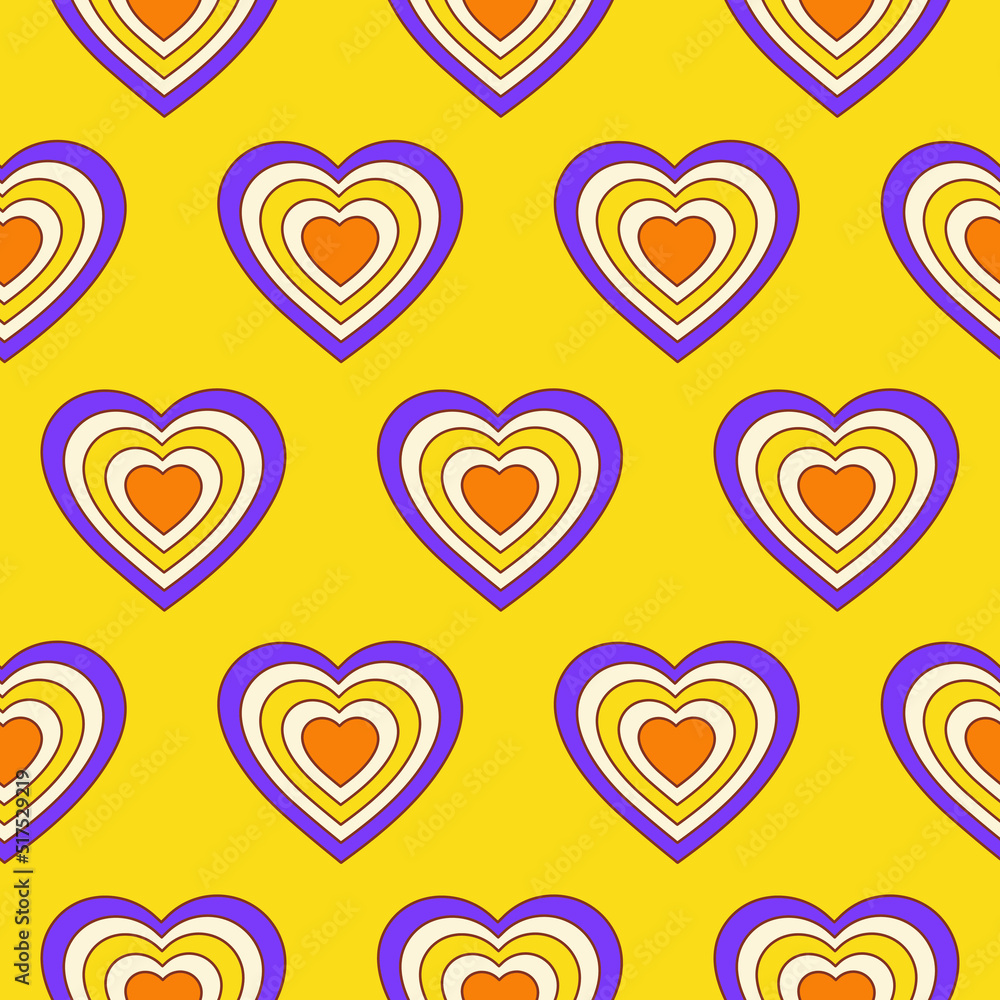 Poster Seamless pattern with hearts shaped tunnel isolated on a yellow background. Modern minimal illustration for decoration. Retro vector print in style 60s, 70s