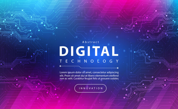 Digital technology banner pink blue background concept with technology light effect, abstract tech, innovation future data, internet network, Ai big data, lines dots connection, illustration vector